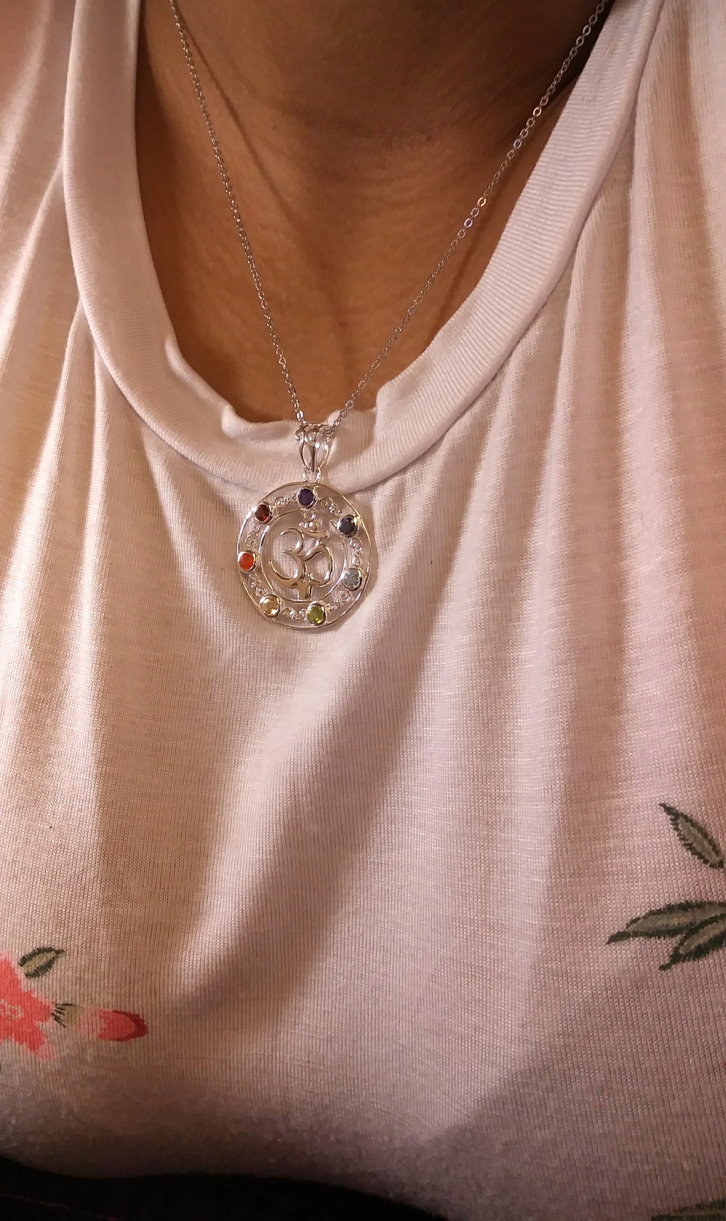 Ohm & Seven Chakras Sterling Silver Gemstone Necklace