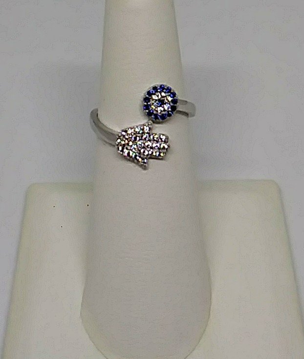Evil Eye Hamsa CZ Turkish Design Sterling Silver Adjustable Ring