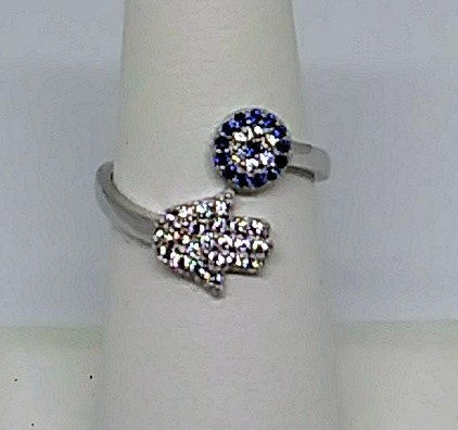 Evil Eye Hamsa CZ Turkish Design Sterling Silver Adjustable Ring