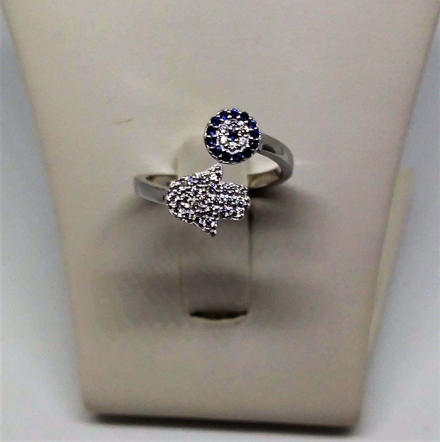 Evil Eye Hamsa CZ Turkish Design Sterling Silver Adjustable Ring