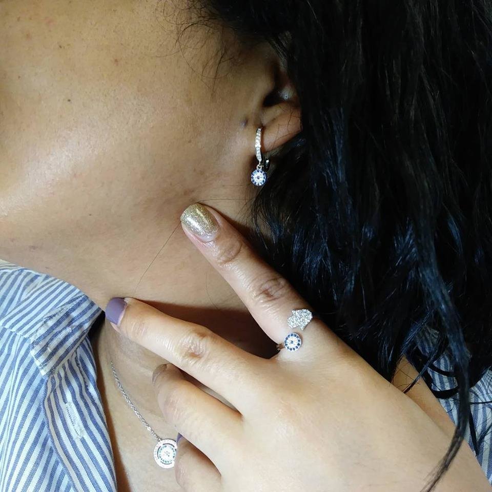 Evil Eye Hamsa CZ Turkish Design Sterling Silver Adjustable Ring