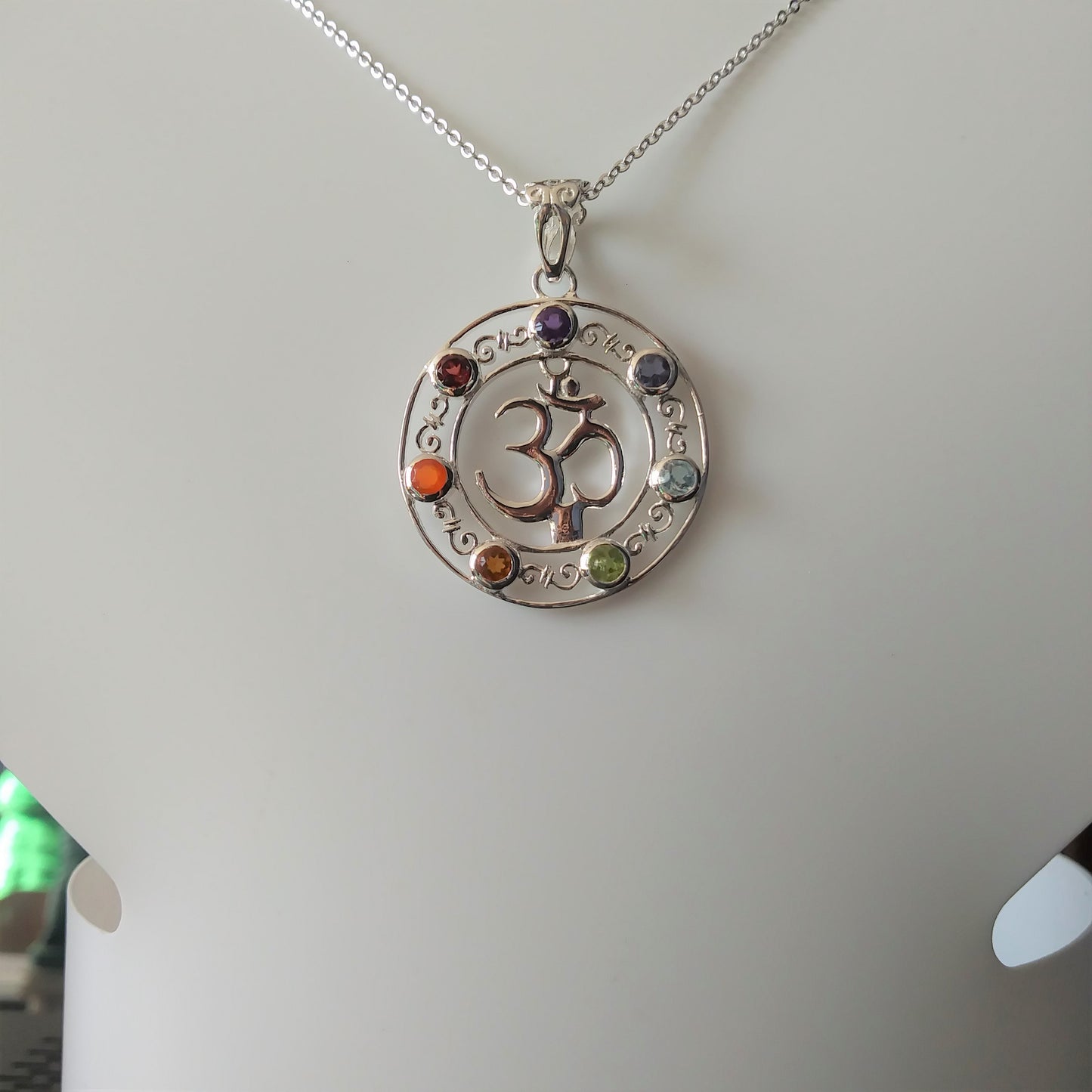 Ohm & Seven Chakras Sterling Silver Gemstone Necklace