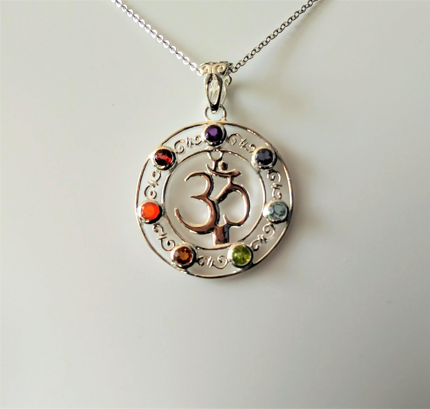 Ohm & Seven Chakras Sterling Silver Gemstone Necklace