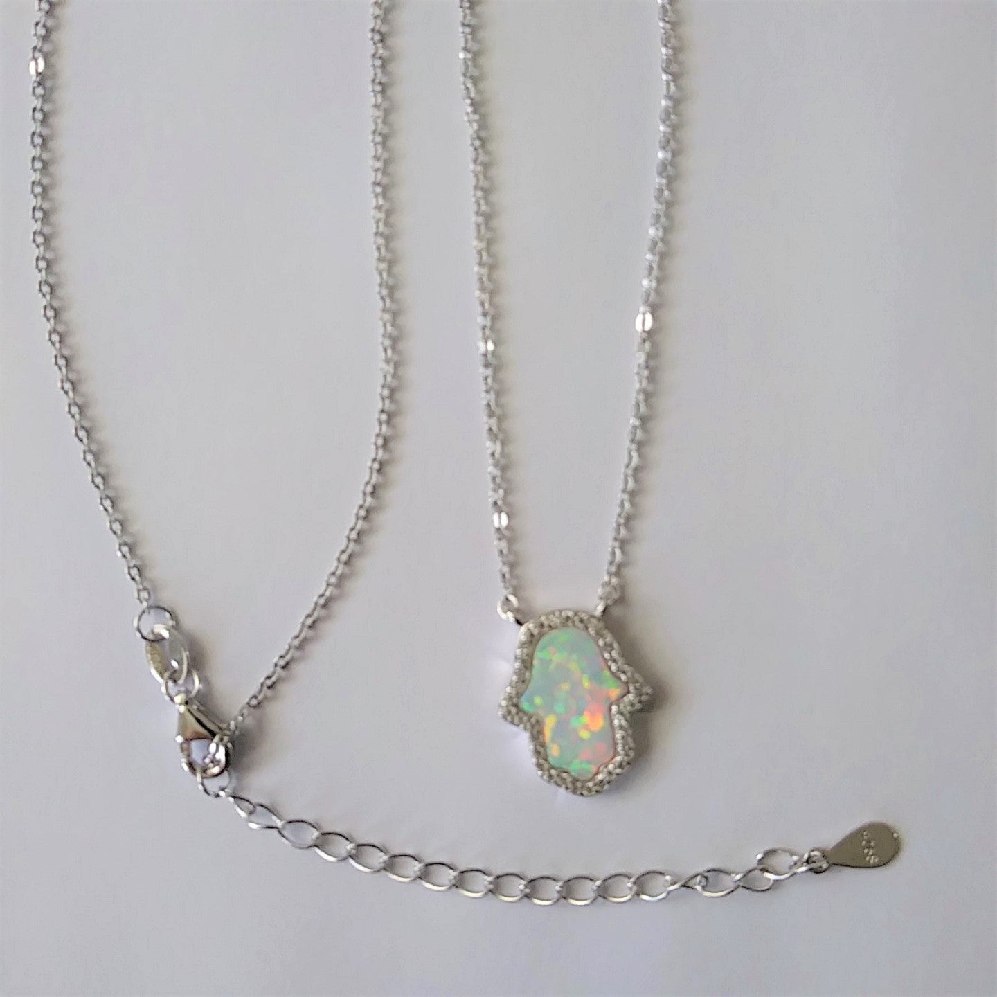 Sterling Silver and Simulated Fire Opal Hand Necklace