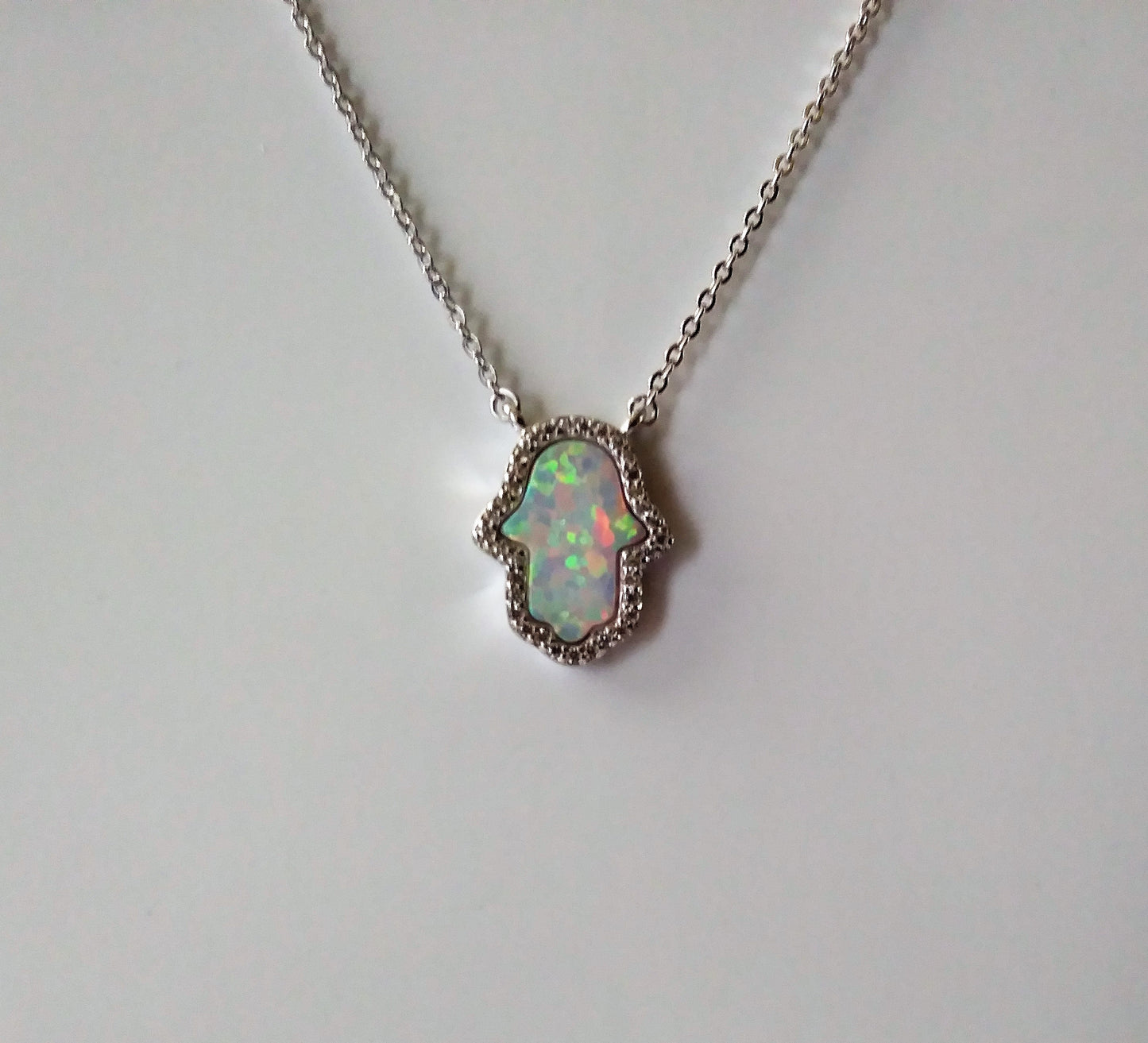 Sterling Silver and Simulated Fire Opal Hand Necklace