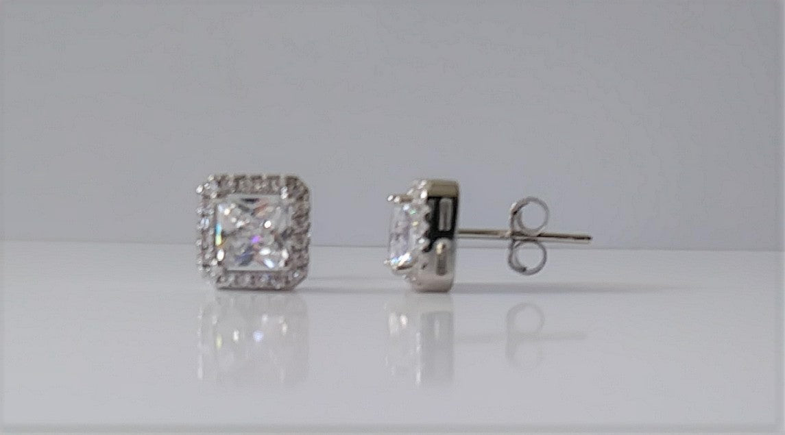 Sterling Silver and Cubic Zirconia Square Post Earrings