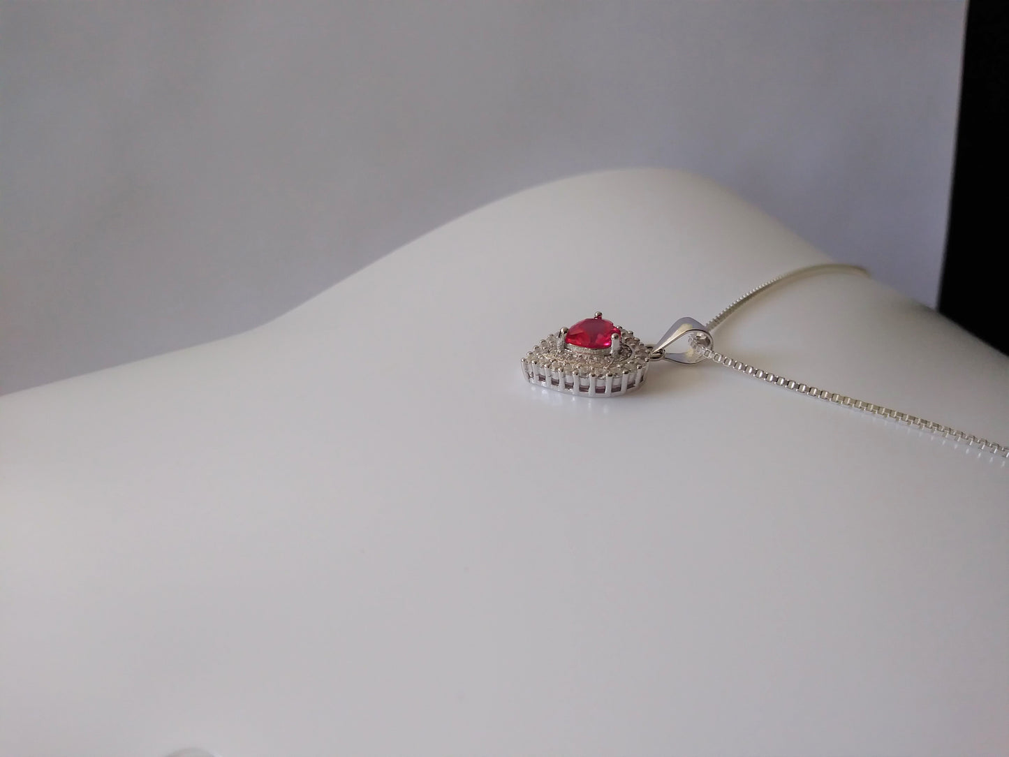 Sterling Silver Ruby Red Heart Necklace with 18in. box chain