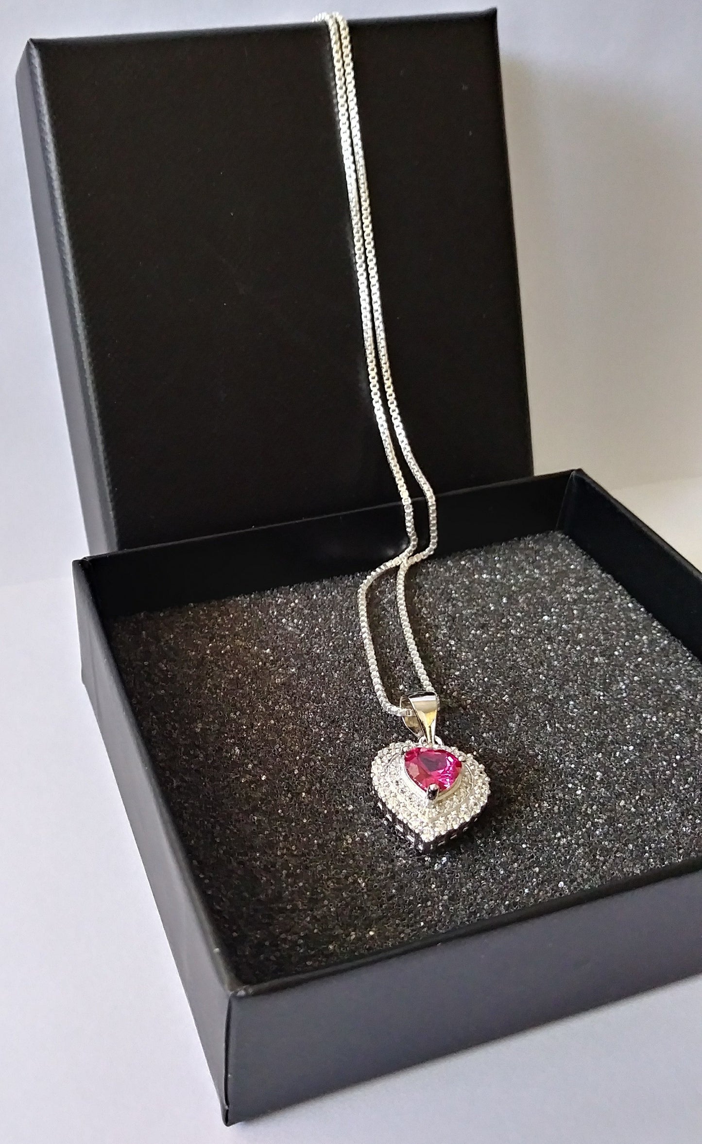 Sterling Silver Ruby Red Heart Necklace with 18in. box chain