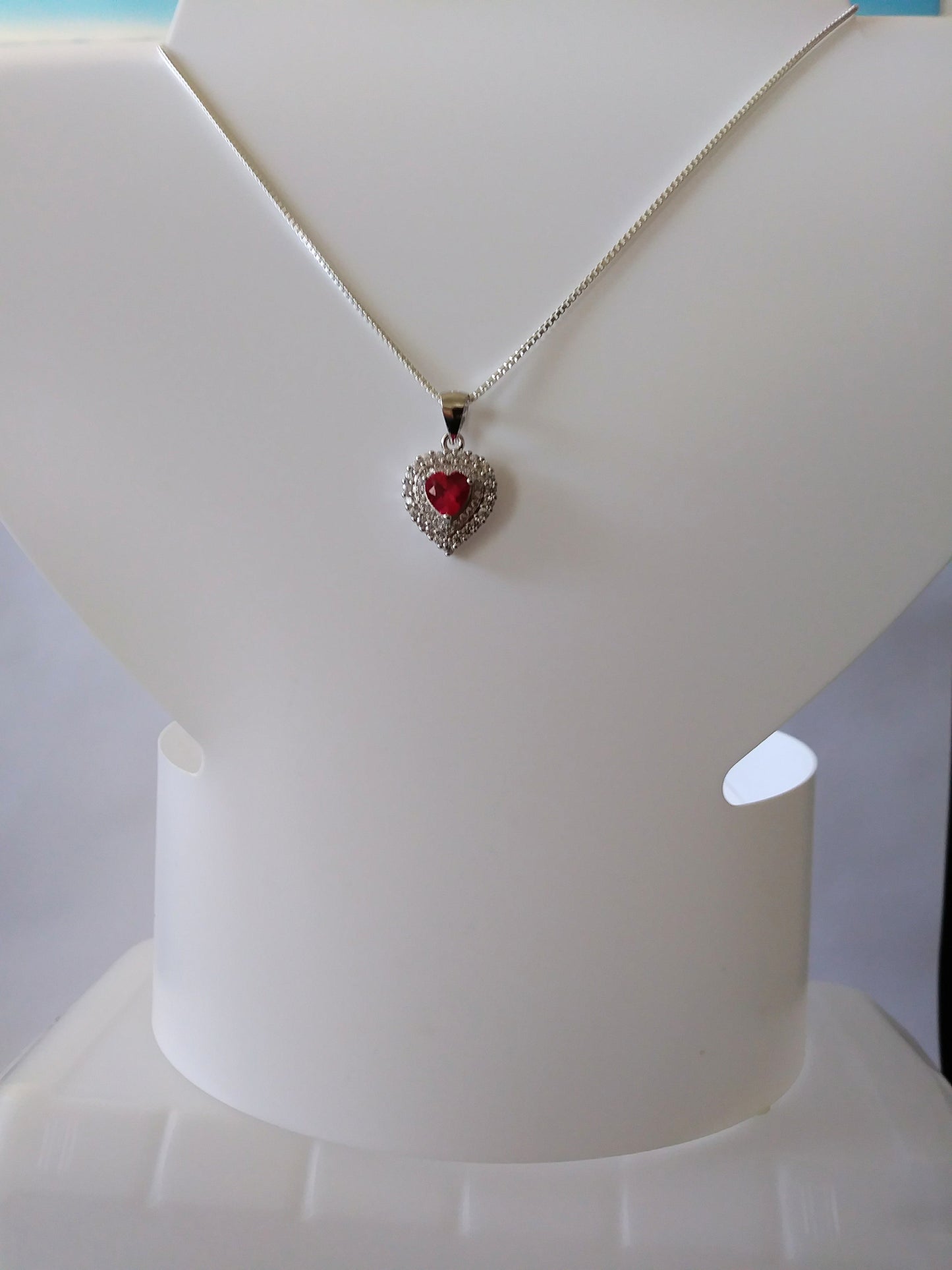 Sterling Silver Ruby Red Heart Necklace with 18in. box chain