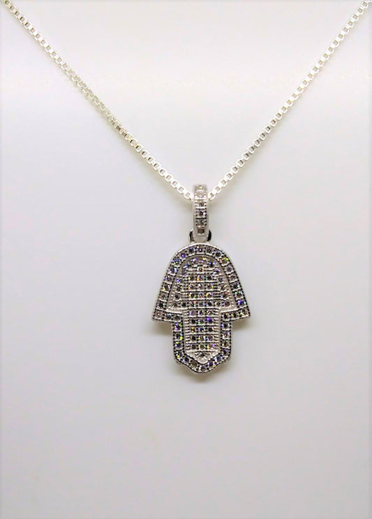 Sterling Silver and Lab Diamond Hamsa Pendant with 18 in. sterling silver box chain