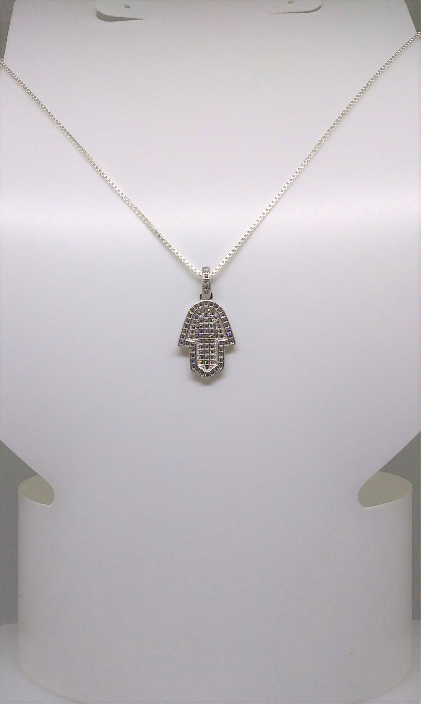 Sterling Silver and Lab Diamond Hamsa Pendant with 18 in. sterling silver box chain