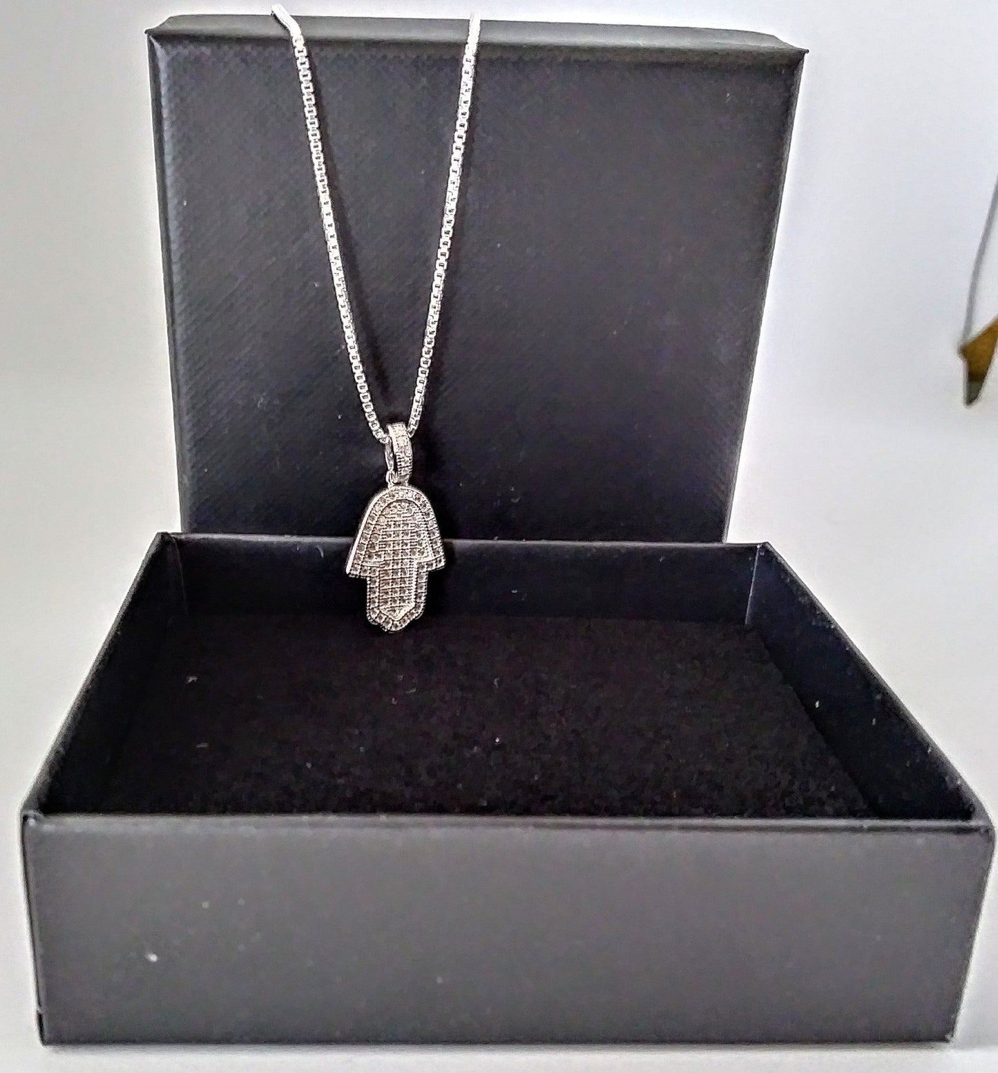 Sterling Silver and Lab Diamond Hamsa Pendant with 18 in. sterling silver box chain