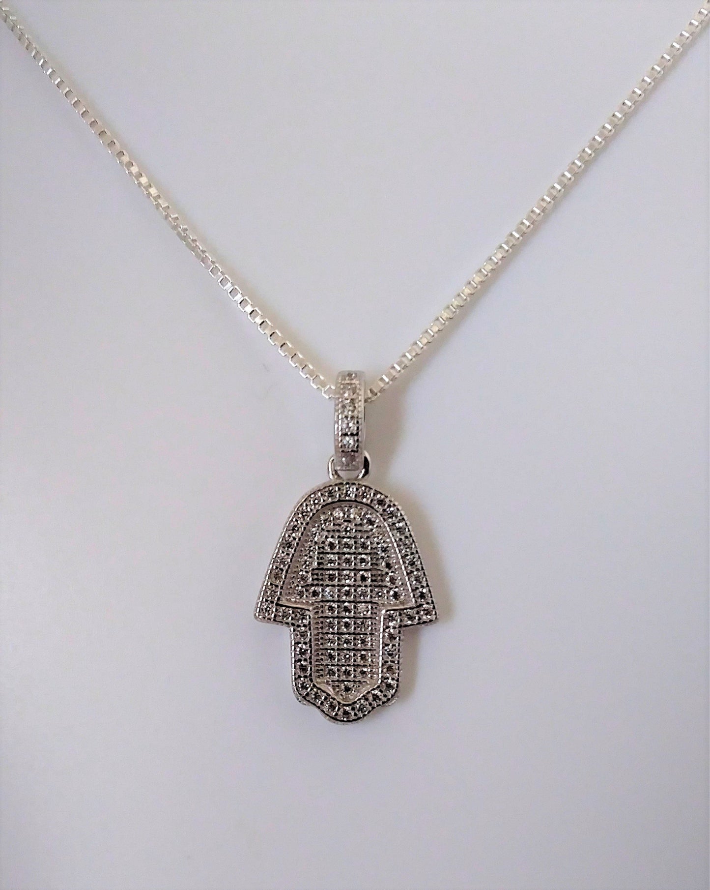 Sterling Silver and Lab Diamond Hamsa Pendant with 18 in. sterling silver box chain