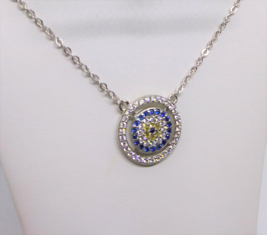 Evil Eye CZ Charm Turkish Design Sterling Silver Necklace