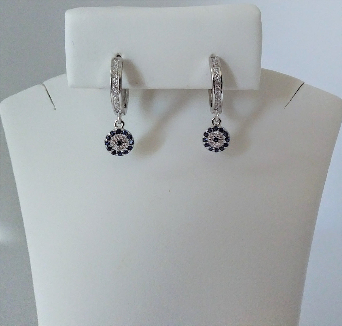 Evil Eye CZ Charm Turkish Design Sterling Silver Earrings