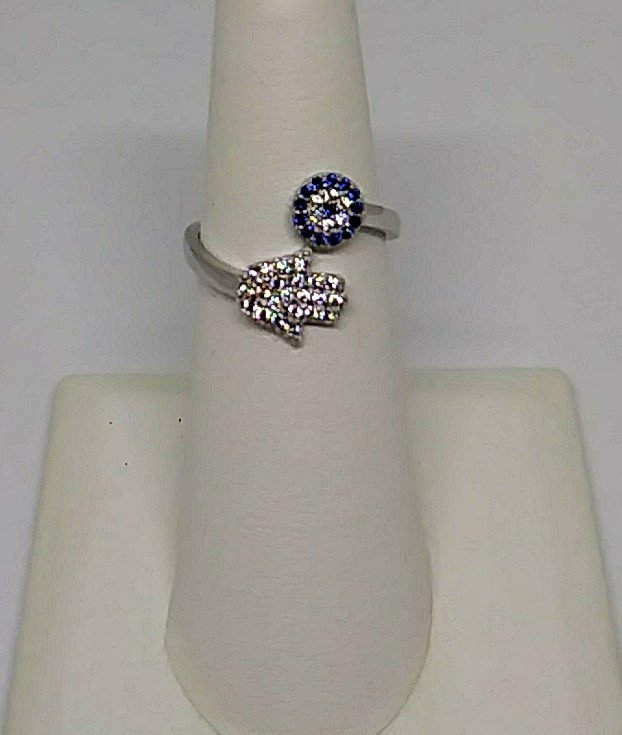 Evil Eye  Hamsa CZ Turkish Design Sterling Silver Adjustable Ring